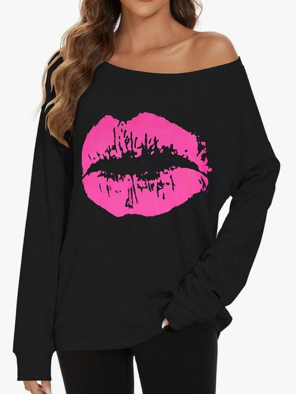 Off The Shoulder Slouch Black Sweatshirt with Hot Pink Lip Graphic